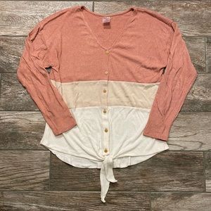 No Boundaries Colorblock Ribbed Long Sleeve Top with Tie